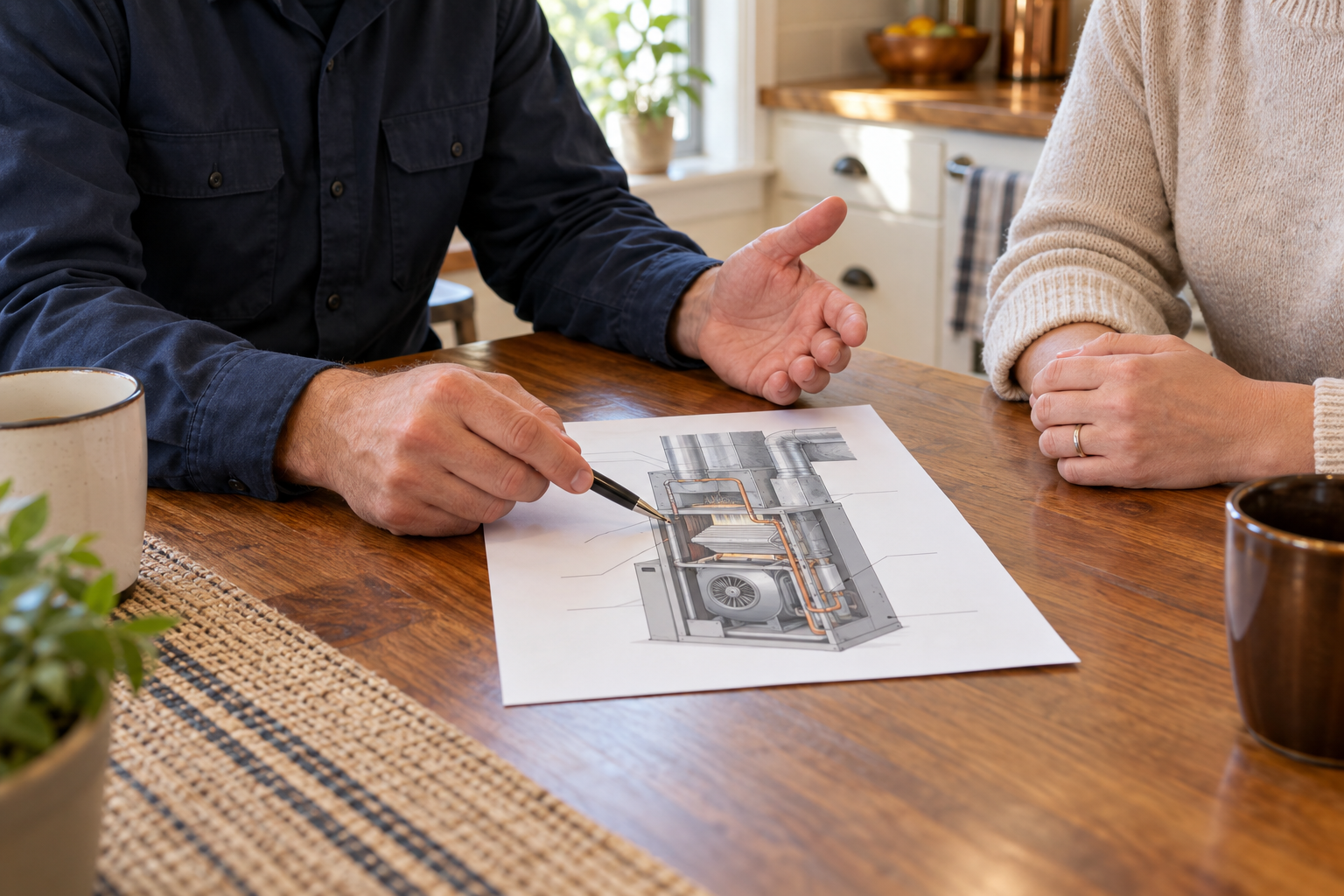Hands reviewing a home heating diagram at a kitchen table