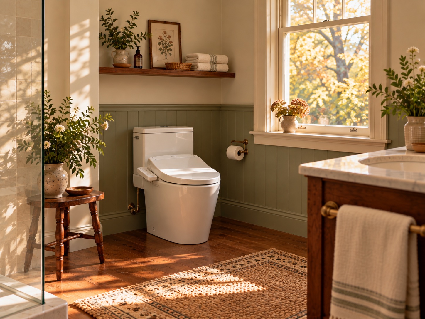 A different angle of the bathroom showing a white toilet with an integrated bidet seat beside the garden window
