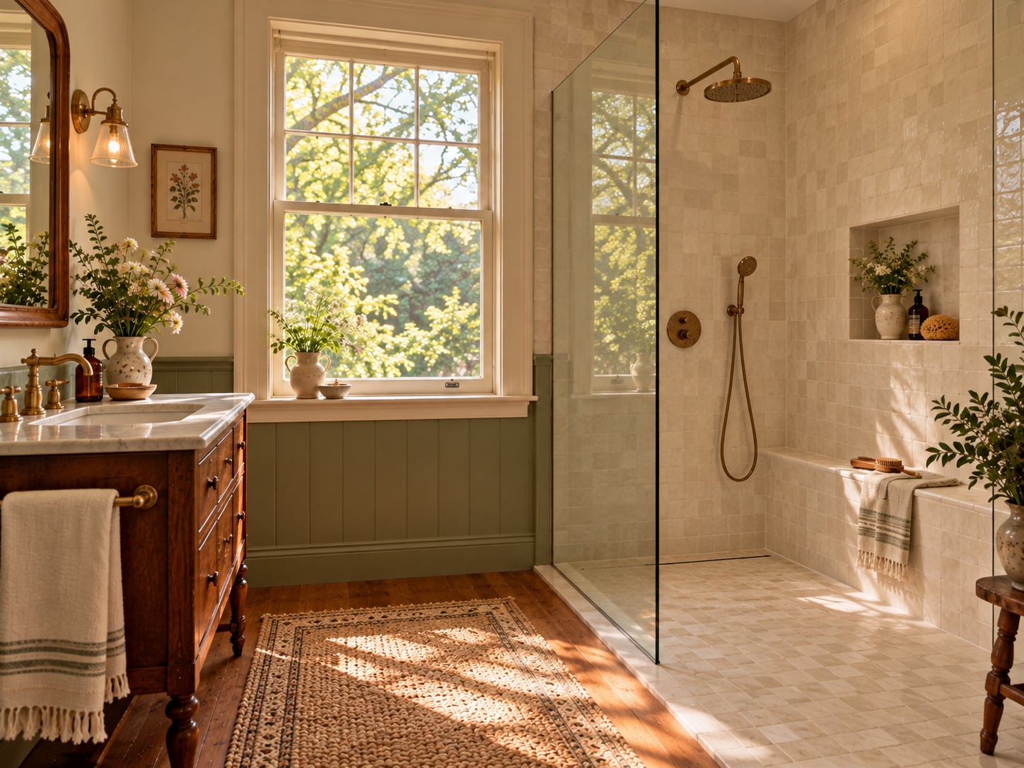 Updated private bathroom with a large open walk-in shower and warm tile