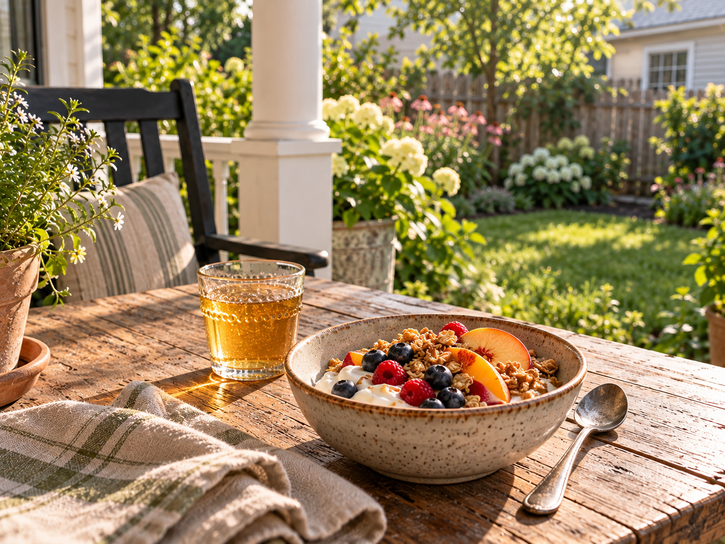 Yogurt, fruit, granola, and apple juice on the porch table beside the small back garden