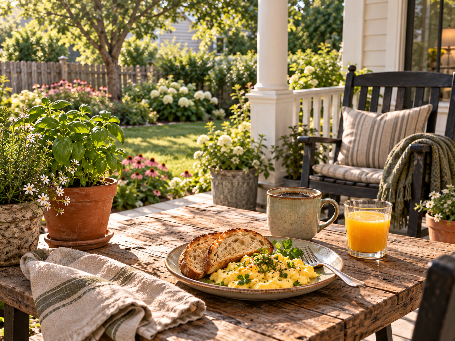 Soft eggs, herbs, toast, and orange juice on the porch table with the back garden beyond
