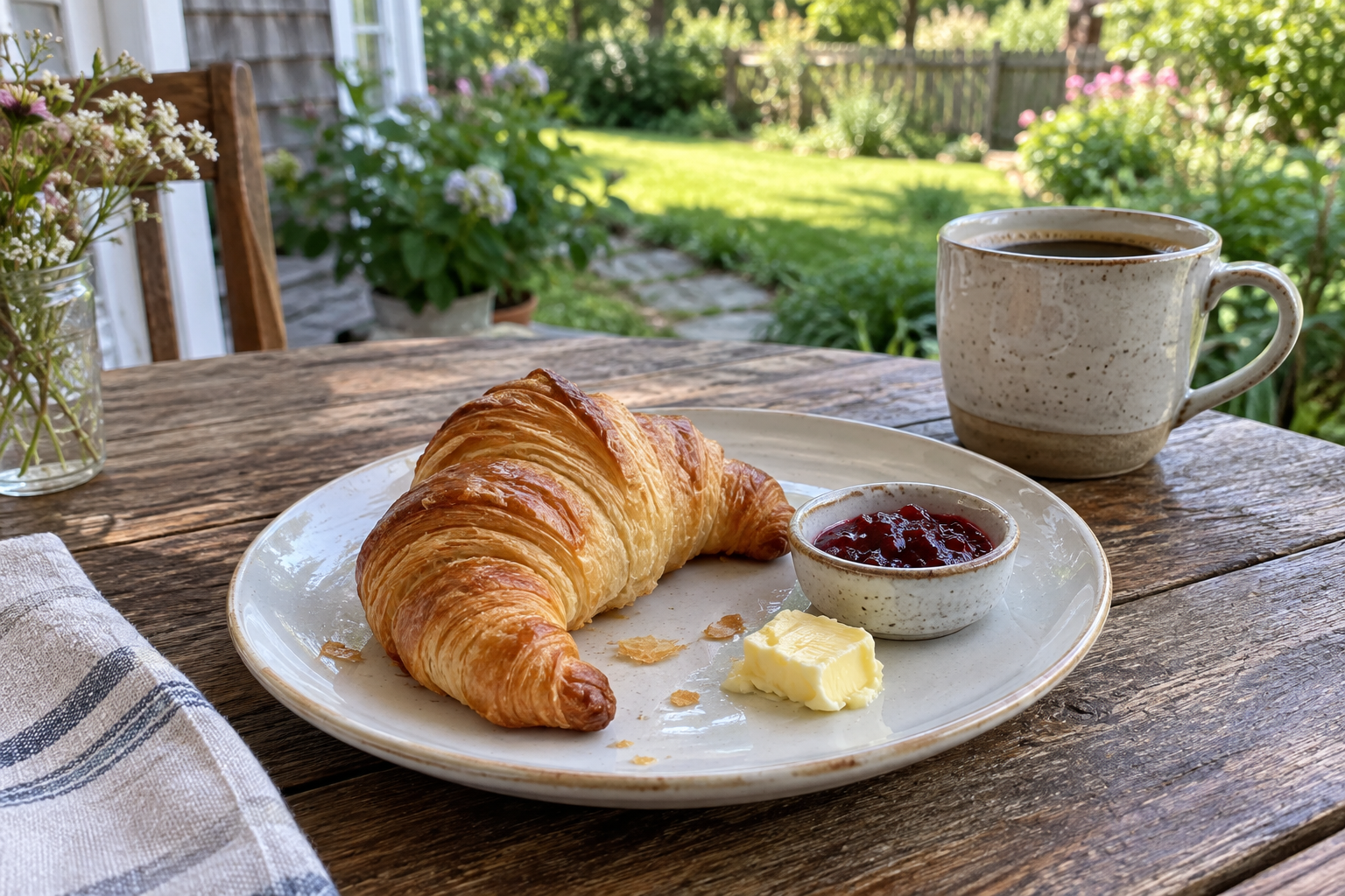 Flaky croissant with local jam and butter on the porch breakfast table