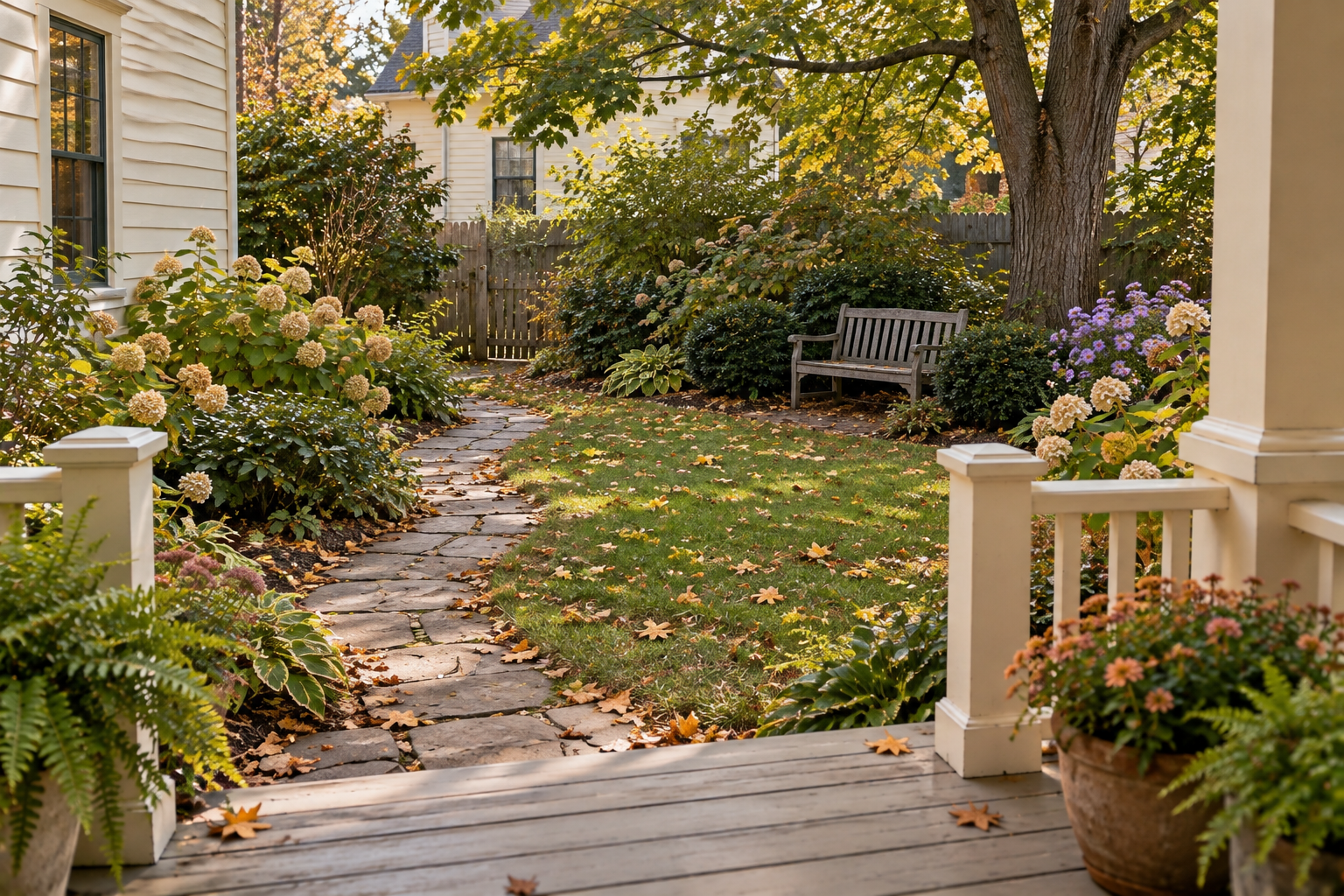 The small back garden with a winding path, shrubs, an old shade tree, and a bench