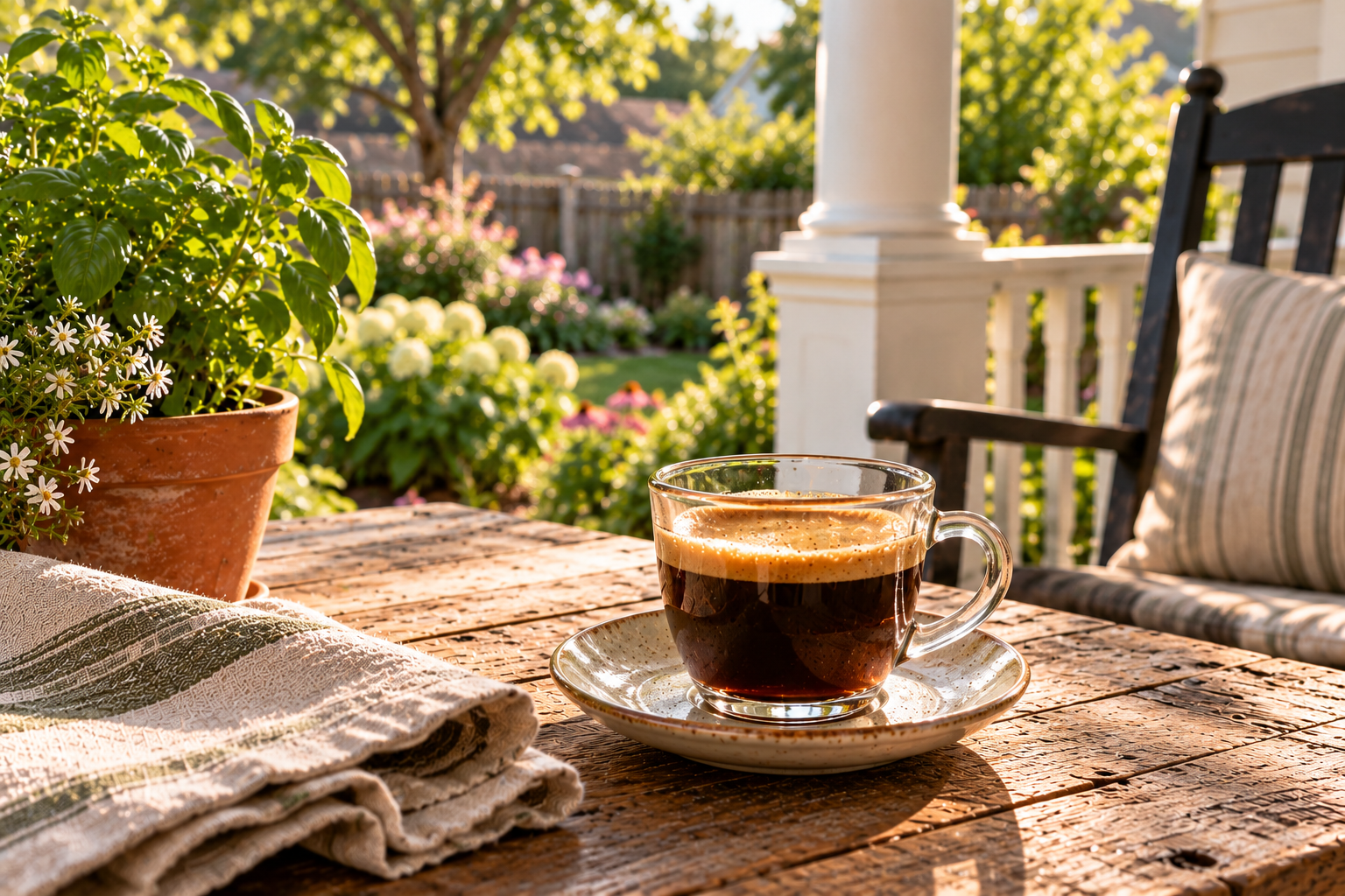 Rich coffee with a layer of tan foam in one clear glass cup on the porch table