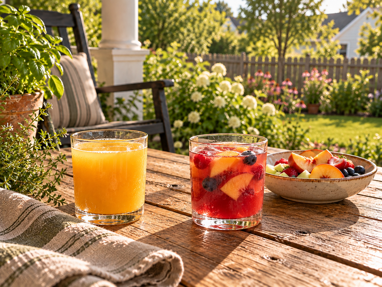 Orange juice and a house fruit cocktail on the porch table by the small garden