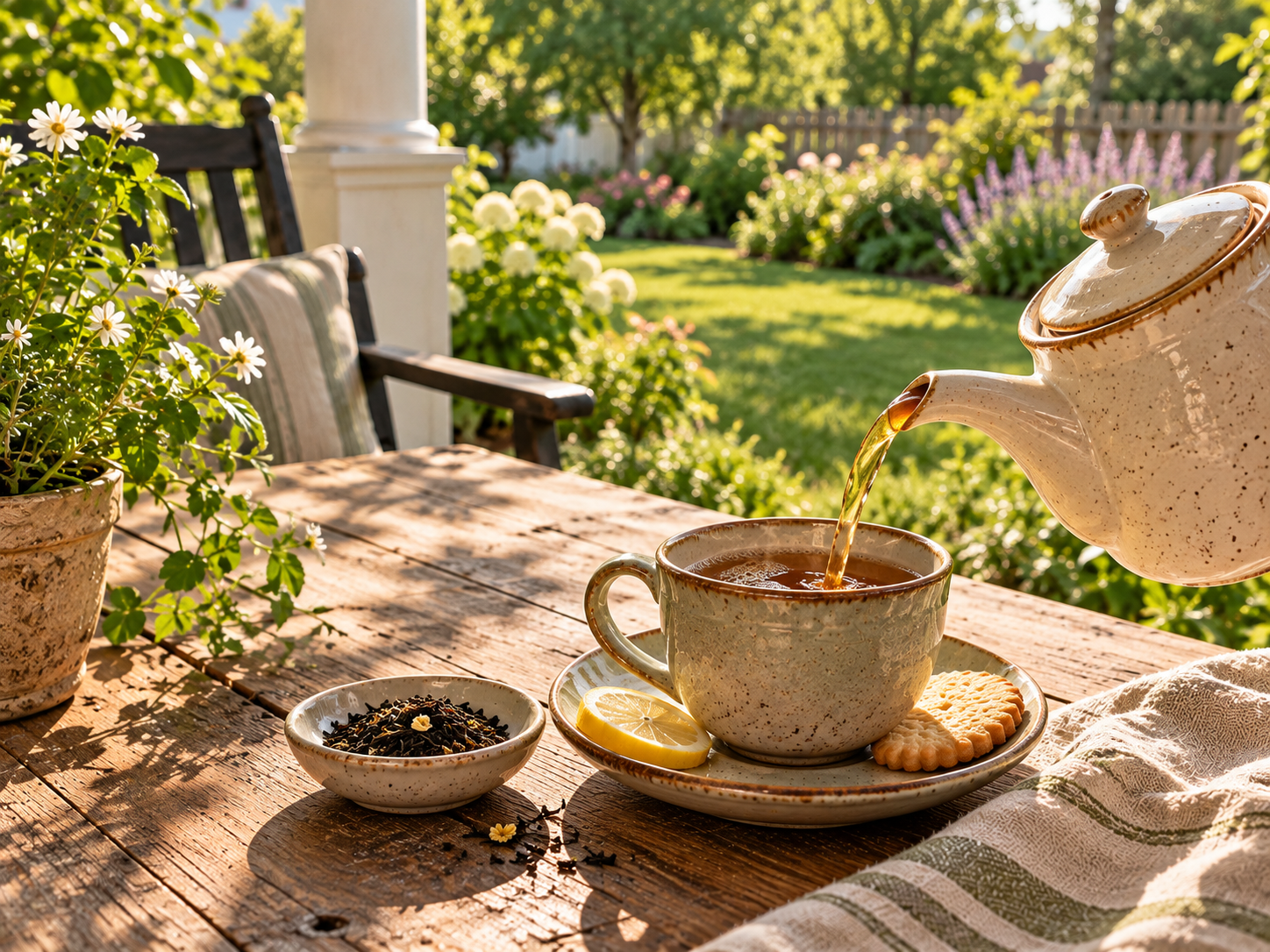 Tea being poured into a ceramic cup on the porch table with the small back garden beyond