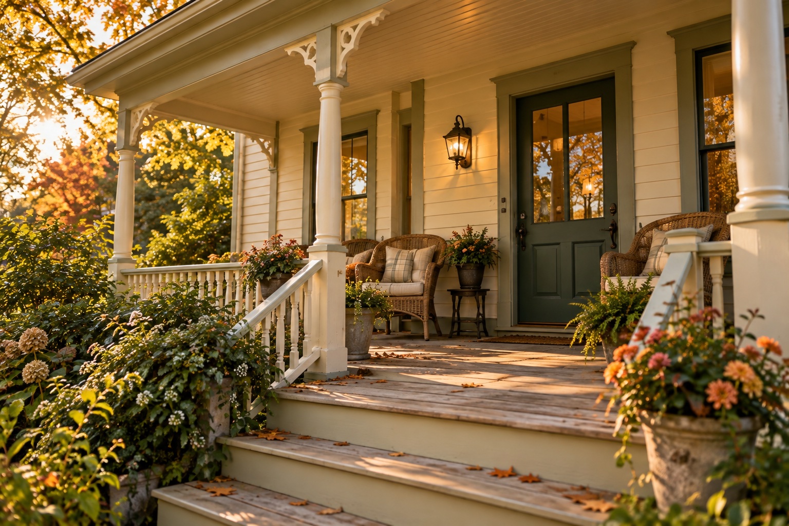 The Vale House porch with its green door, wicker chairs, and garden flowers
