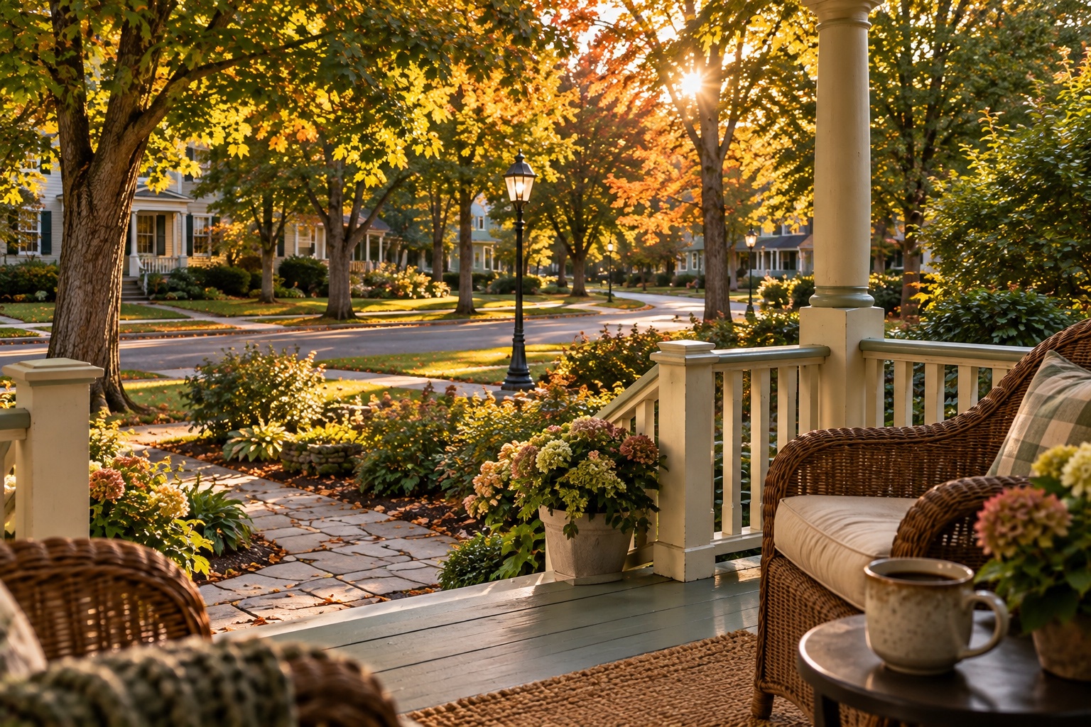 A quiet view from the Vale House porch toward the garden and tree-lined street
