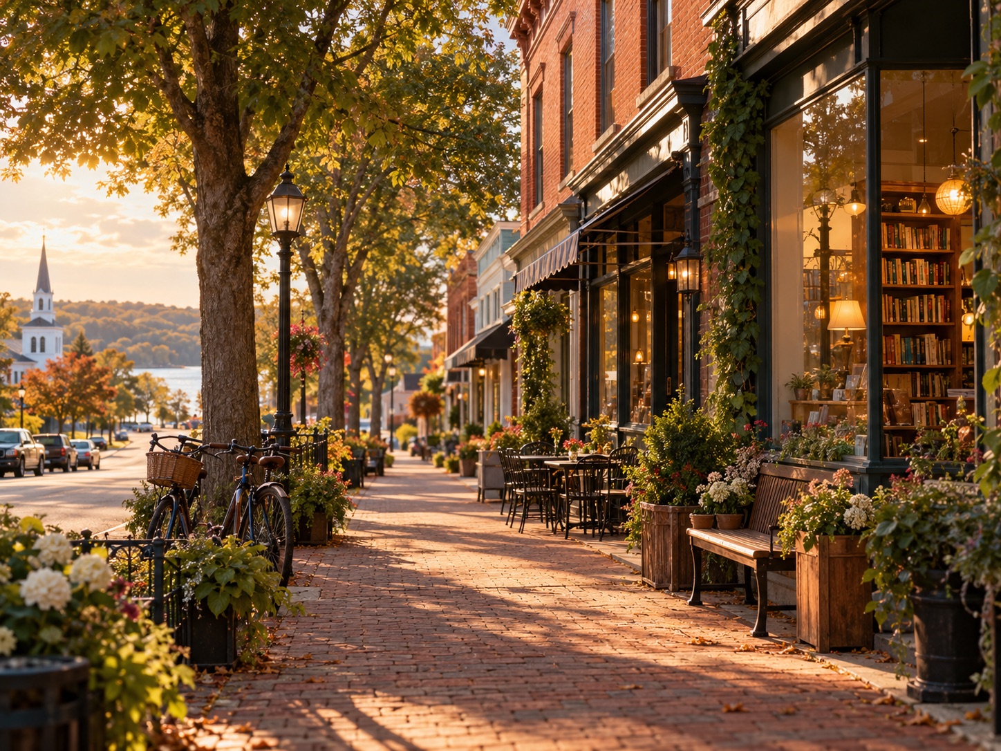 A tree-lined historic main street with small shops and bicycles
