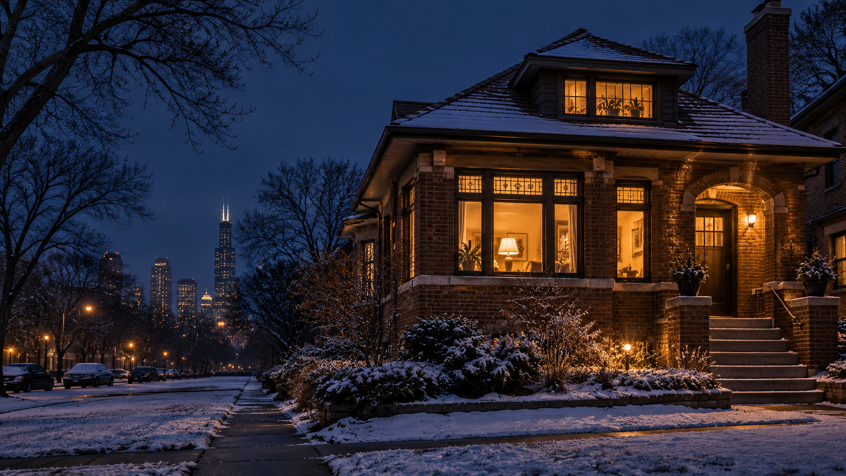 A warmly lit home at dusk in the Hearthstone concept